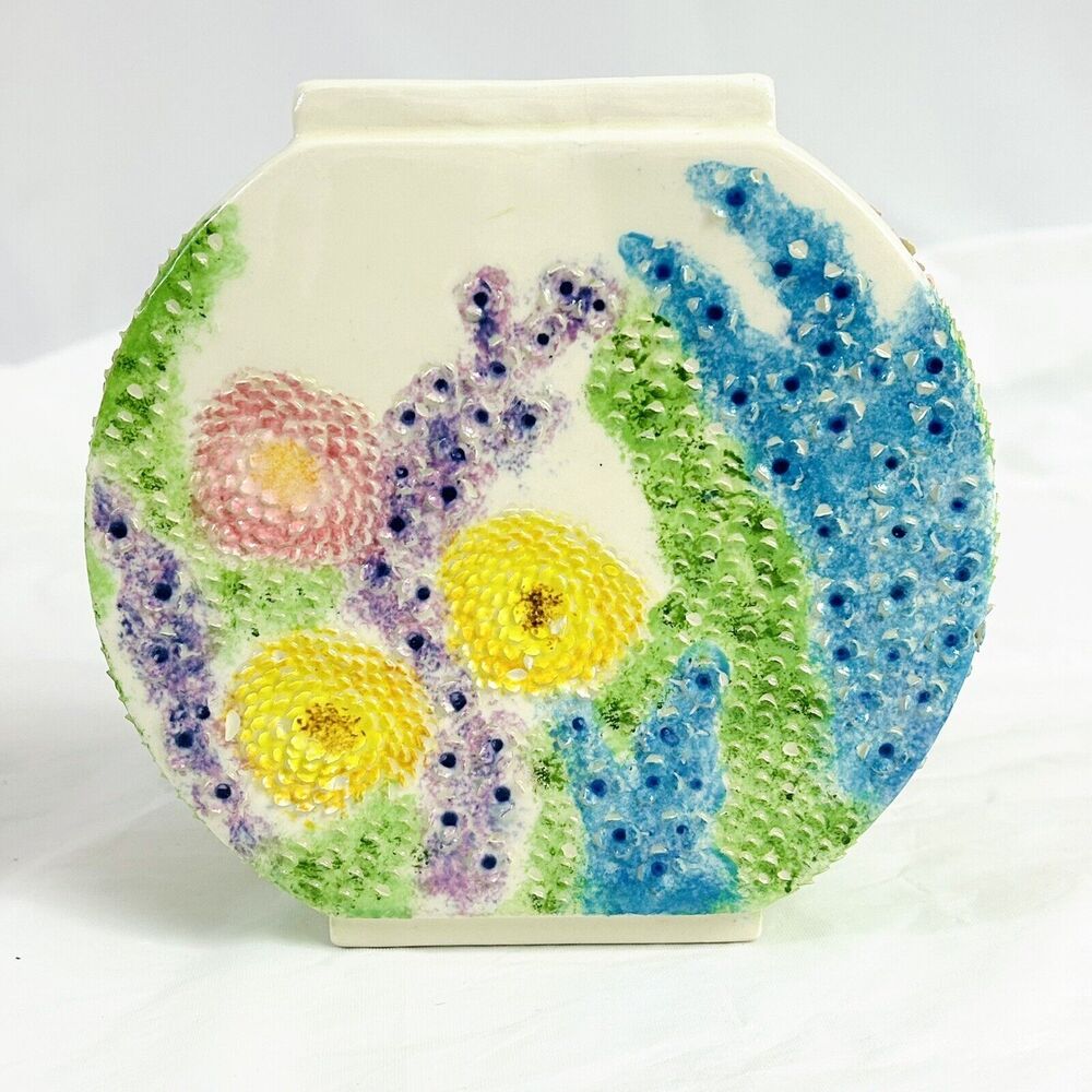 Vintage 1981 Handmade Studio Pottery Round Flat Vase Bottle 6” Textured Floral